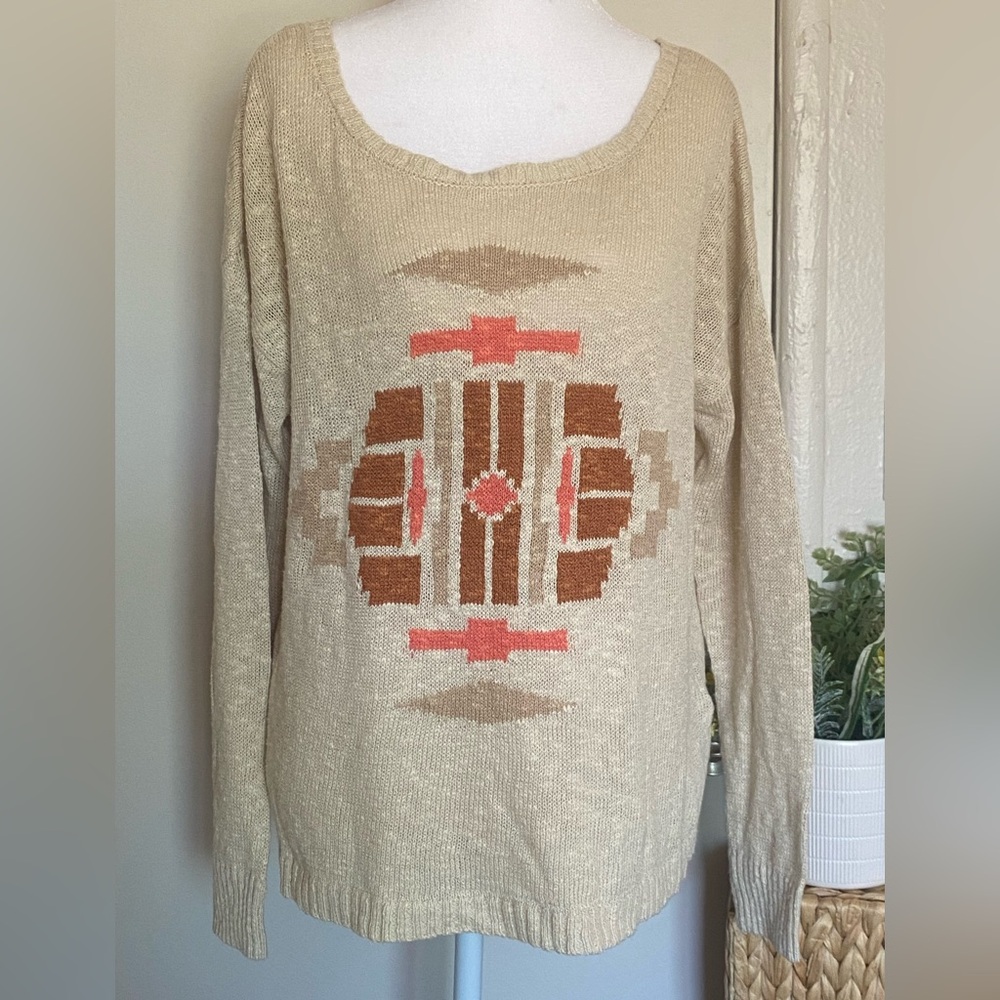 Lucky Brand Beige‎ Sweater with Geometric Design women size large